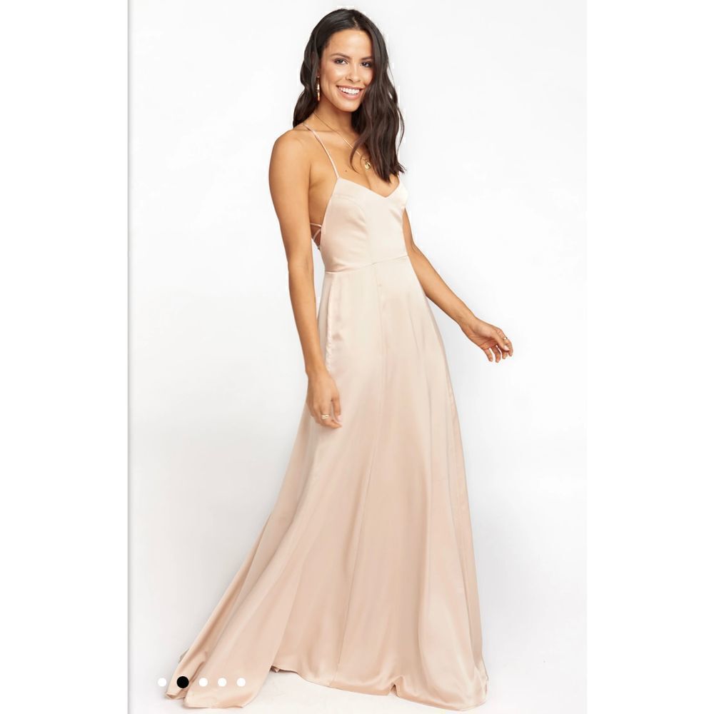 Show me your Mumu Godshaw Goddess Gown Size M in Champagne Luxe Satin NWOT